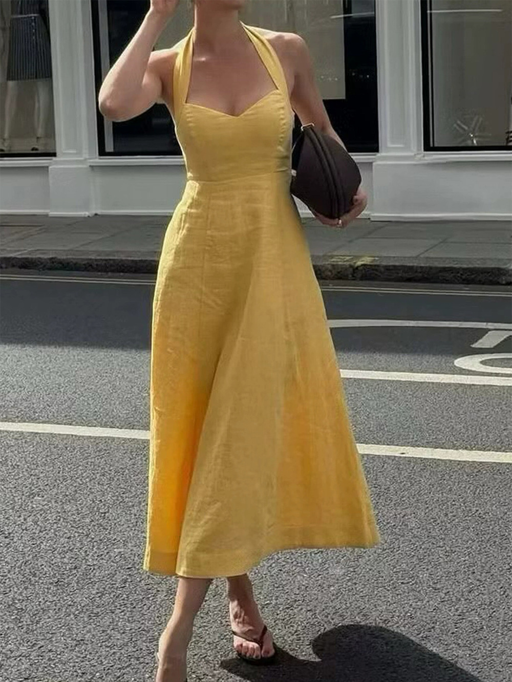 Zara Halter Neck Solid Color Waist Cinching Spring Summer Dress